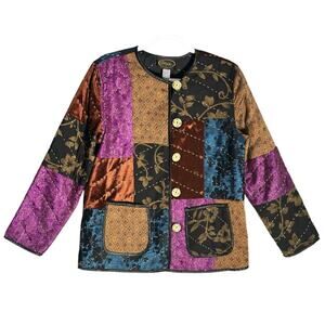 Alex Kin‎ Sz M Vintage Patchwork Quilted Velvet Jacket Floral Art To Wear Artsy